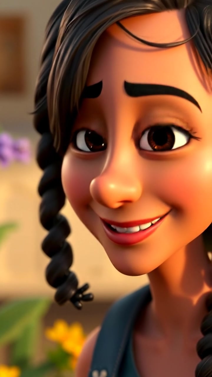 A close-up of Maya's smiling face in 3D animation style, with warm lighting highlighting her joyful expression, smooth camera zoom-in capturing intricate facial details, soft background glow creating an inviting ambiance. The background audio features gentle uplifting music.