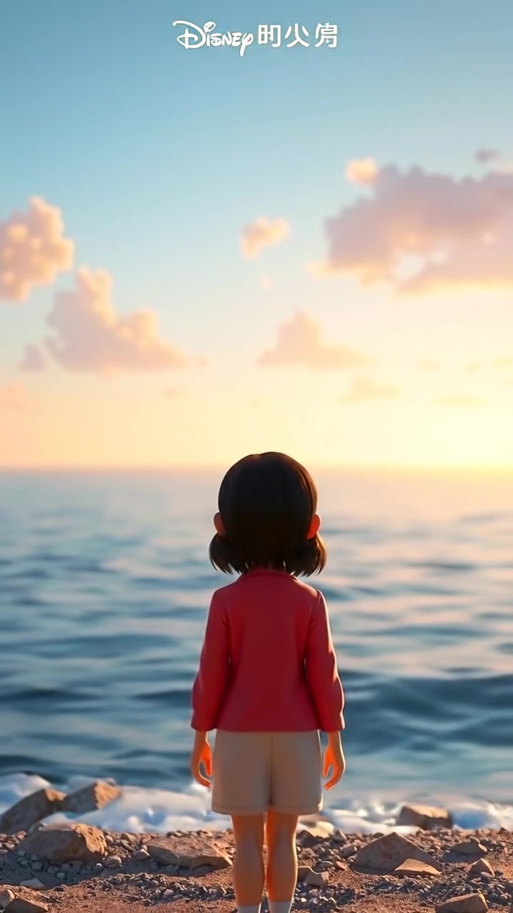A 3D animation depicting Li standing on the shore, gazing over the expansive sea horizon under a softly overcast sky, with gentle waves lapping at the beach, captured in smooth camera motion and warm natural lighting. The background features calming ocean sounds.