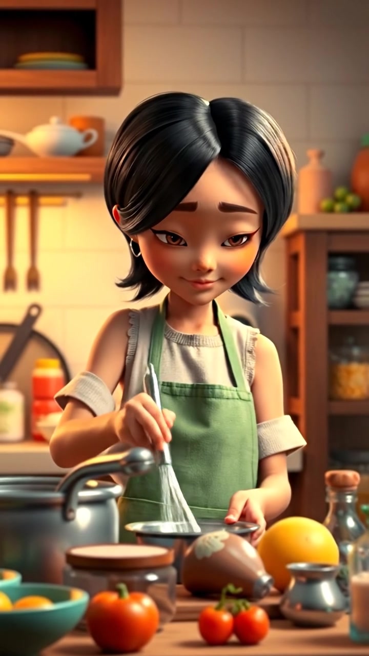 A 3D animation of Li in a bright, modern kitchen, surrounded by fresh ingredients and shiny utensils, focusing intently on her cooking, with warm natural lighting and smooth camera motions. The background features subtle kitchen sounds and clattering for a realistic feel.
