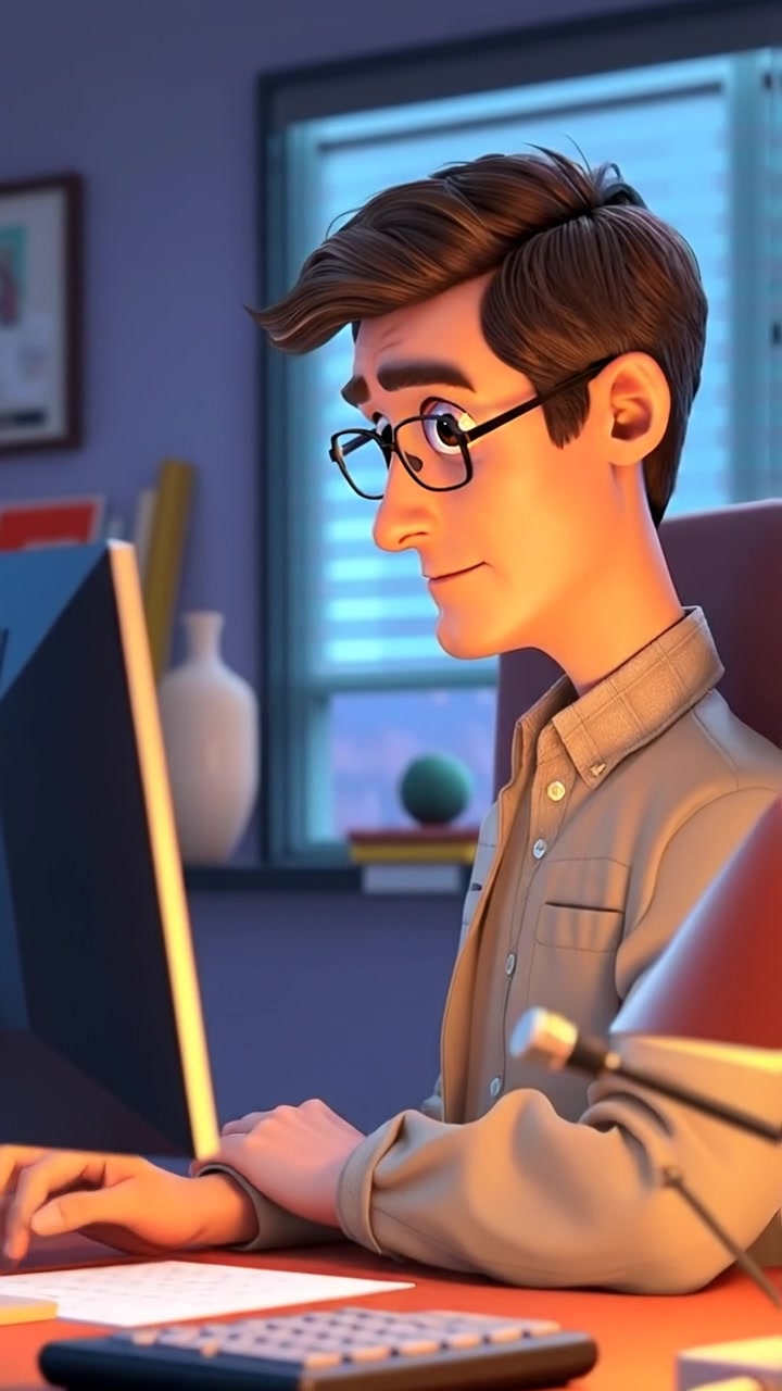 A 3D animation of Mark working attentively at his modern office desk, focused on his computer screen, with natural lighting highlighting detailed textures and soft shadows, camera smoothly dolly-in for an intimate view. The background features an organized workspace with calming tones. The audio features subtle office ambient sounds.