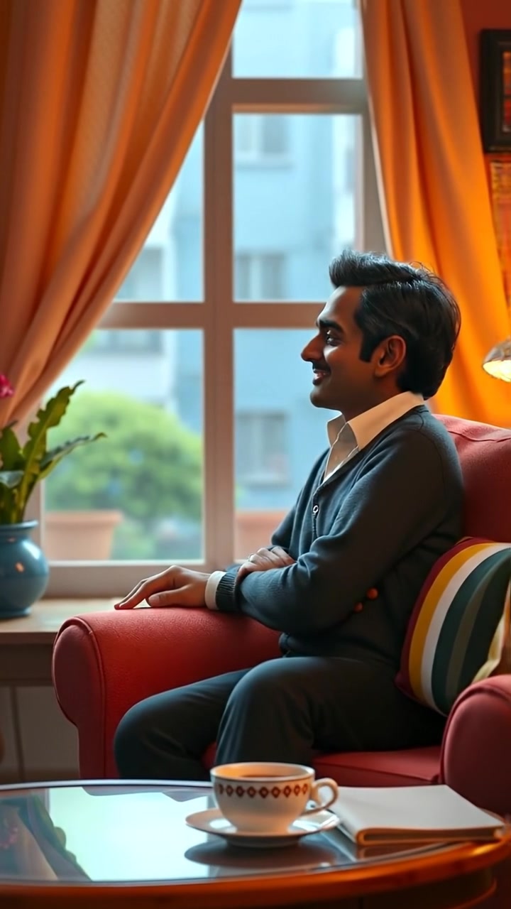 A 3D animated scene of Raj sitting in a cozy living room, gazing thoughtfully out the window. The setting is warmly lit with soft shadows, capturing a peaceful ambiance. The camera employs a smooth dolly shot to enhance intimacy. The background features gentle natural light, and the audio features soft indoor atmosphere sounds.