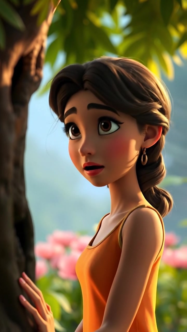 A 3D animation of Maya gazing thoughtfully at a majestic tree, her face illuminating a moment of realization, with soft natural lighting, detailed textures, smooth camera zooming in to capture her expression, set in a tranquil outdoor environment. The background audio features gentle wind sounds.