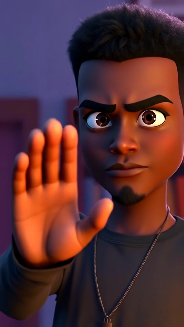 A 3D animation of Isaiah, with a defiant expression, making a commanding hand gesture to defend his answer. The scene is illuminated with natural, soft lighting, capturing high detail and smooth camera motion. The background features a neutral setting with subtle depth. The audio features ambient background noise, heightening the tension.