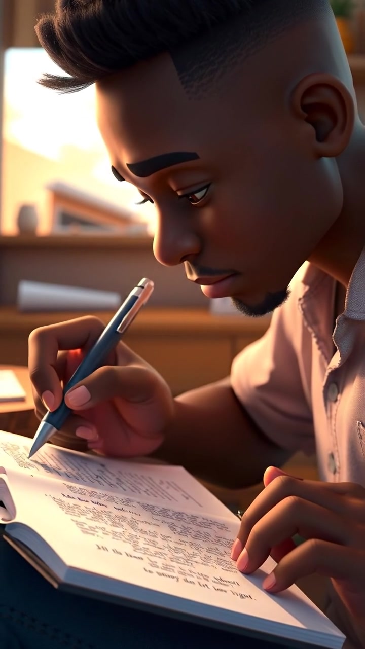 Close-up of Isaiah's hands writing in a detailed notebook filled with notes, captured in soft, natural lighting with high detail and smooth camera movement, emphasizing the tactile motion of writing. The background features a softly blurred study environment with warm tones, styled as a 3D animation. The audio features subtle pen scratches and ambient study sounds.