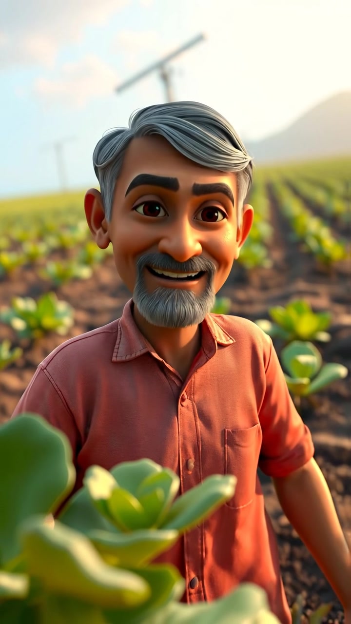 A 3D animation of Raj working diligently in a lush green field, surrounded by rows of vibrant crops under a bright, sunlit sky. The scene features natural lighting, high detail, smooth camera movement, and a warm ambiance. The background audio features gentle agricultural sounds and rustling leaves.