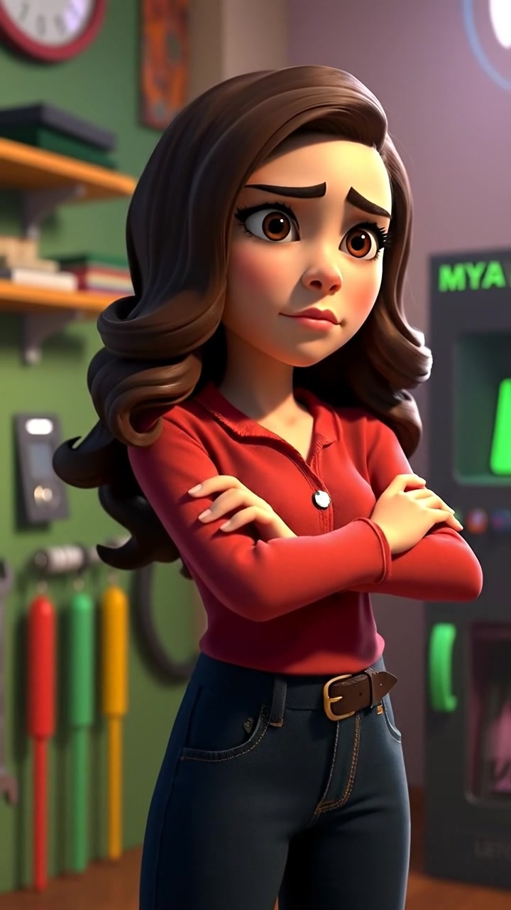 A determined Maya with furrowed brows, arms crossed in a thoughtful pose, rendered in vibrant 3D animation style with detailed textures and smooth camera motion. The scene features soft lighting with warm tones, emphasizing her intense focus. The background sound features ambient robotic hums.