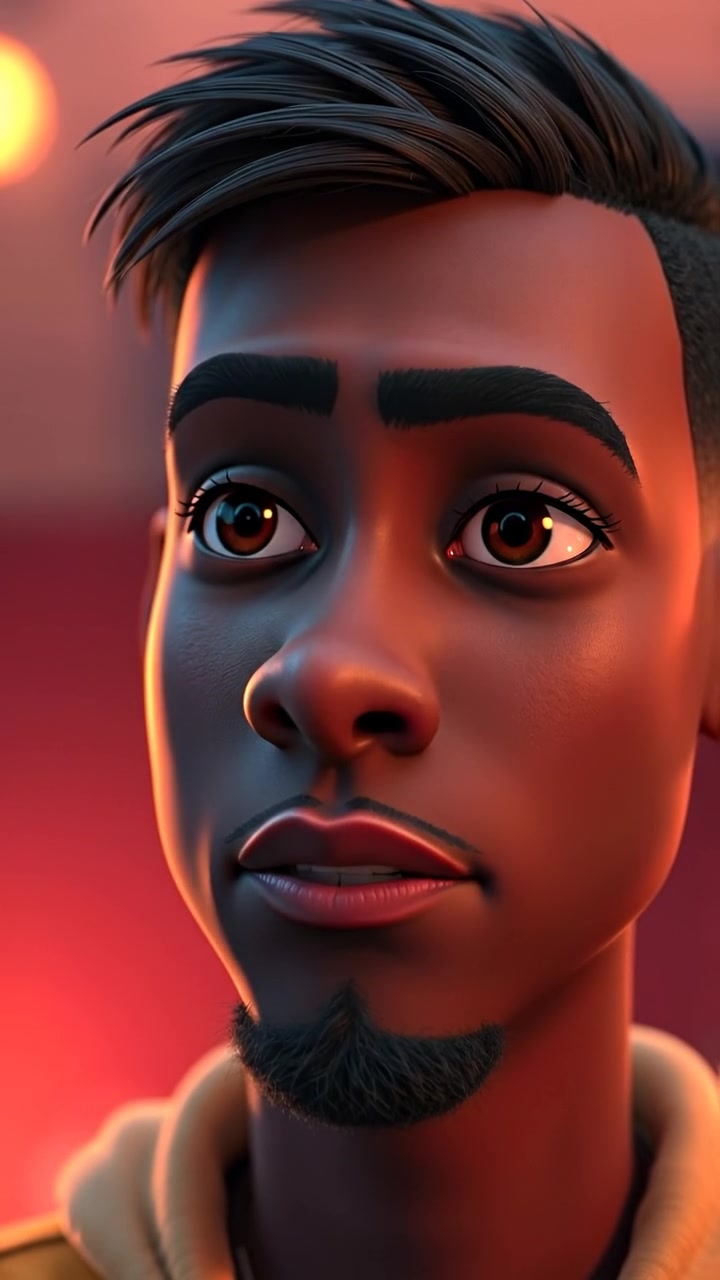 A close-up of Isaiah's face in 3D animation style, capturing a thoughtful expression as he murmurs softly, illuminated by soft, natural lighting with high detail and smooth camera focus. The background features a blurred, serene environment. The audio features gentle ambient sounds and subtle breathing.