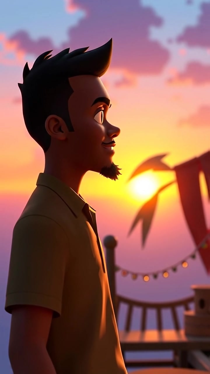 A 3D animation of Isaiah standing with determination, gazing towards the horizon during a vibrant sunset, with warm tones and soft shadows emphasizing his focused expression, captured with smooth camera movement and natural lighting. The background audio features gentle wind sounds and distant sunset ambiance.