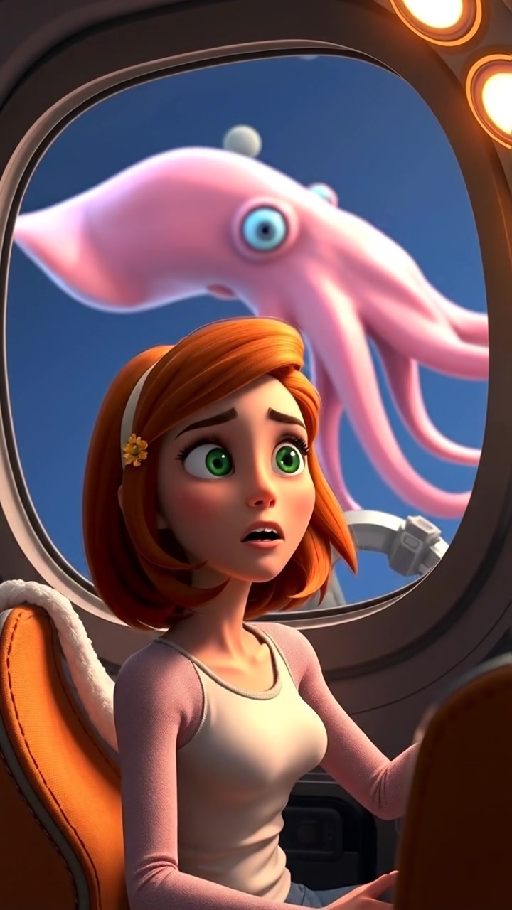 A 3D animation of Emma with an incredulous expression, gazing out of a sleek spaceship cockpit window at a massive, ominous space squid looming in the dark cosmos. The scene features high detail, soft ambient lighting, and smooth camera panning. The background audio features a tense, ambient sci-fi hum.