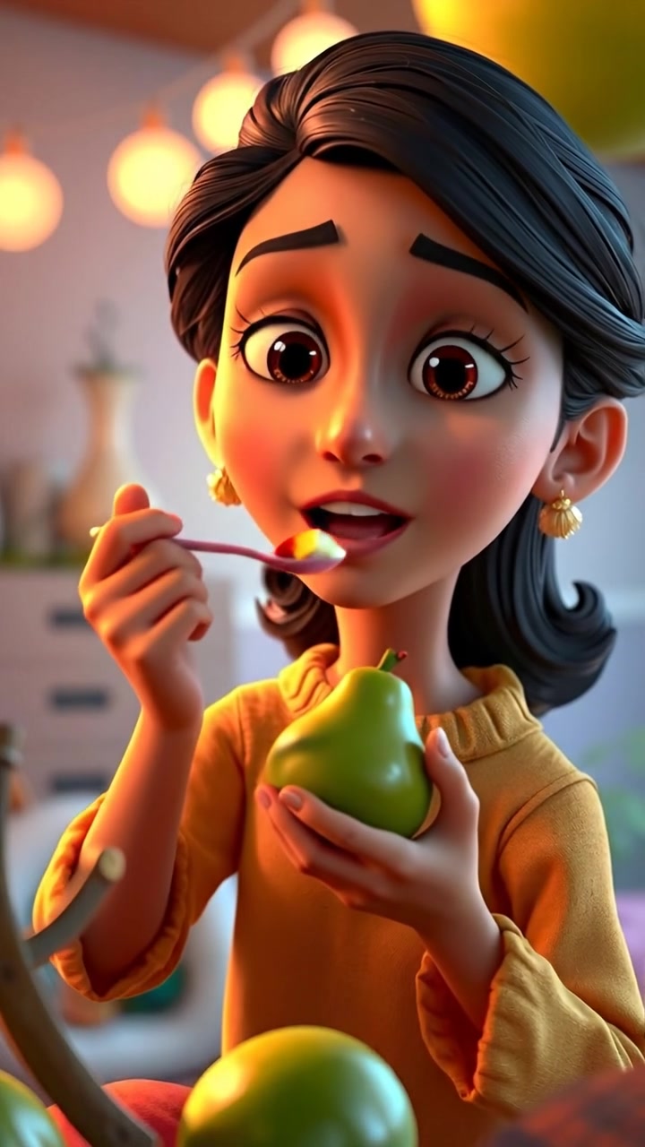 A 3D animated scene of Laila taking a bite from a vibrant fruit, her face expressing intrigue and wonder, shot with smooth camera movement and warm, soft lighting that highlights her detailed features. The background features lush, colorful landscape elements, with gentle ambient sounds of nature in the background.