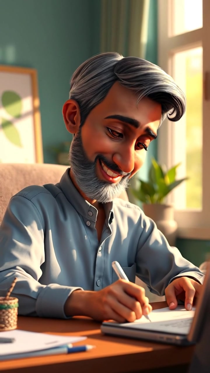 A 3D animation of Raj sitting at a desk, smiling warmly while writing a note, illuminated by soft natural sunlight streaming through a window. Smooth camera movement captures the cozy, inviting atmosphere with high detail and gentle shadows. The background features a tidy room with subtle textures. The audio features gentle ambient sounds of a softly humming room.
