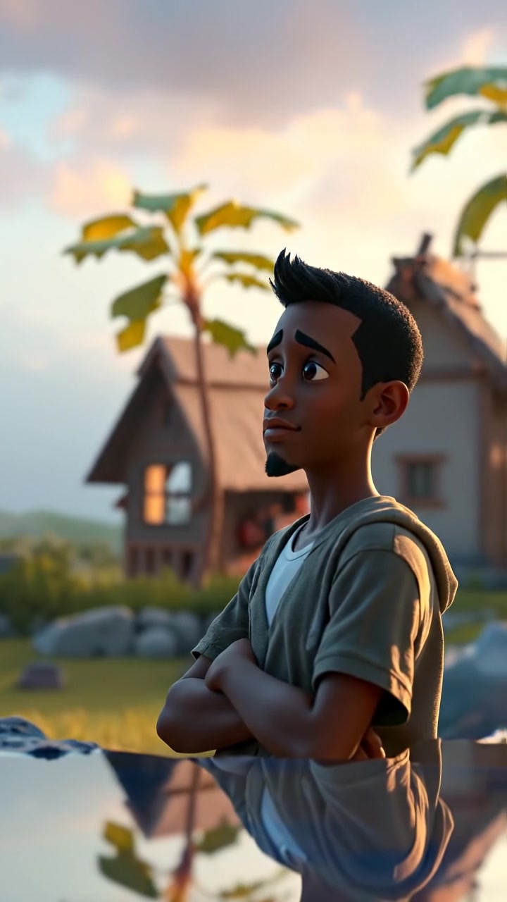 A 3D animation of Isaiah standing contemplatively at the edge of a village, with his cozy home in the background. The scene features warm, natural lighting with soft shadows, gentle camera push-in emphasizing his reflection. The background sounds include peaceful village ambiance with distant bird calls.