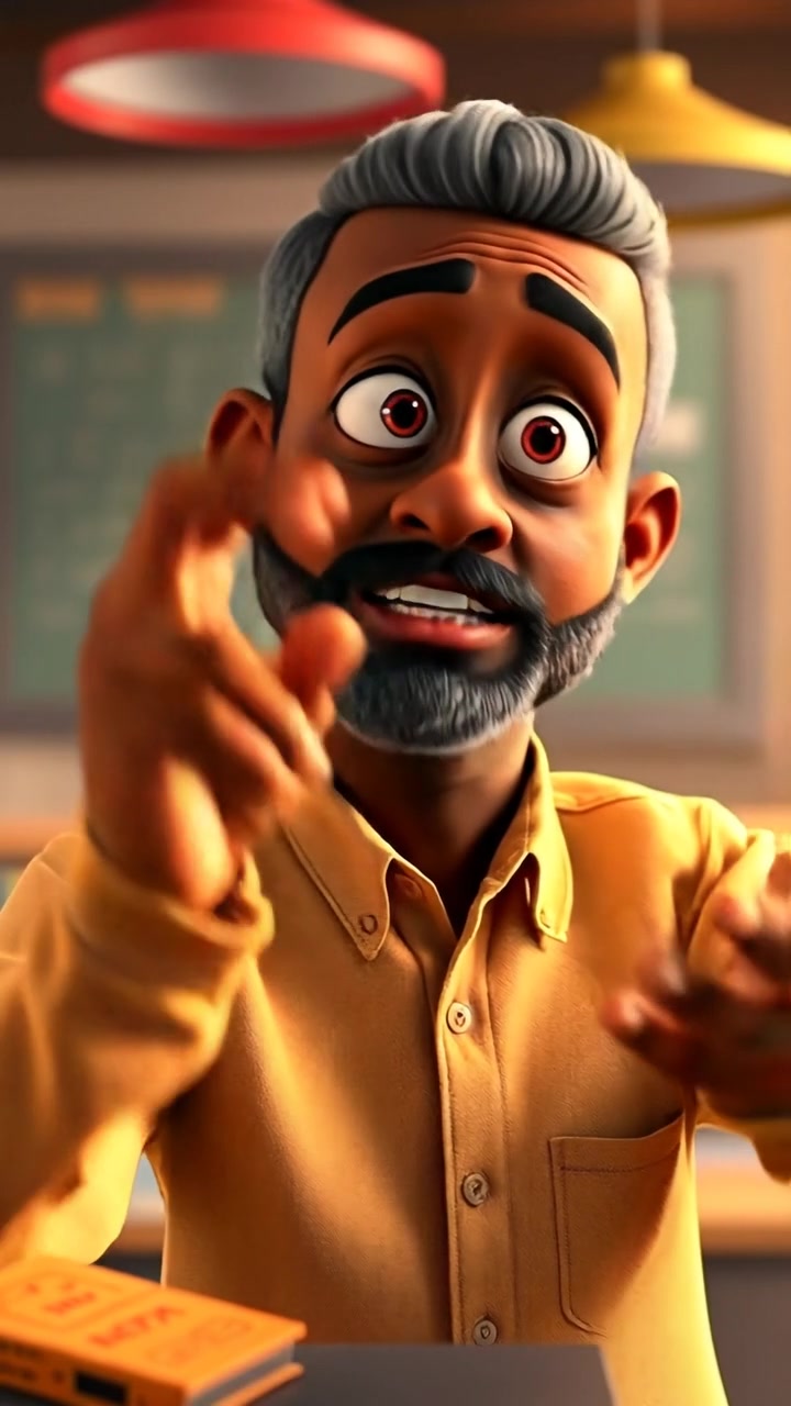 A lively 3D animation of Kwame animatedly gesturing with his hands while explaining his answer, captured with smooth camera movements and natural lighting that highlights his expressive features. The background features a vibrant, softly lit room with warm tones, enhancing the scene's energetic atmosphere. The audio features light background music with subtle ambient sounds.