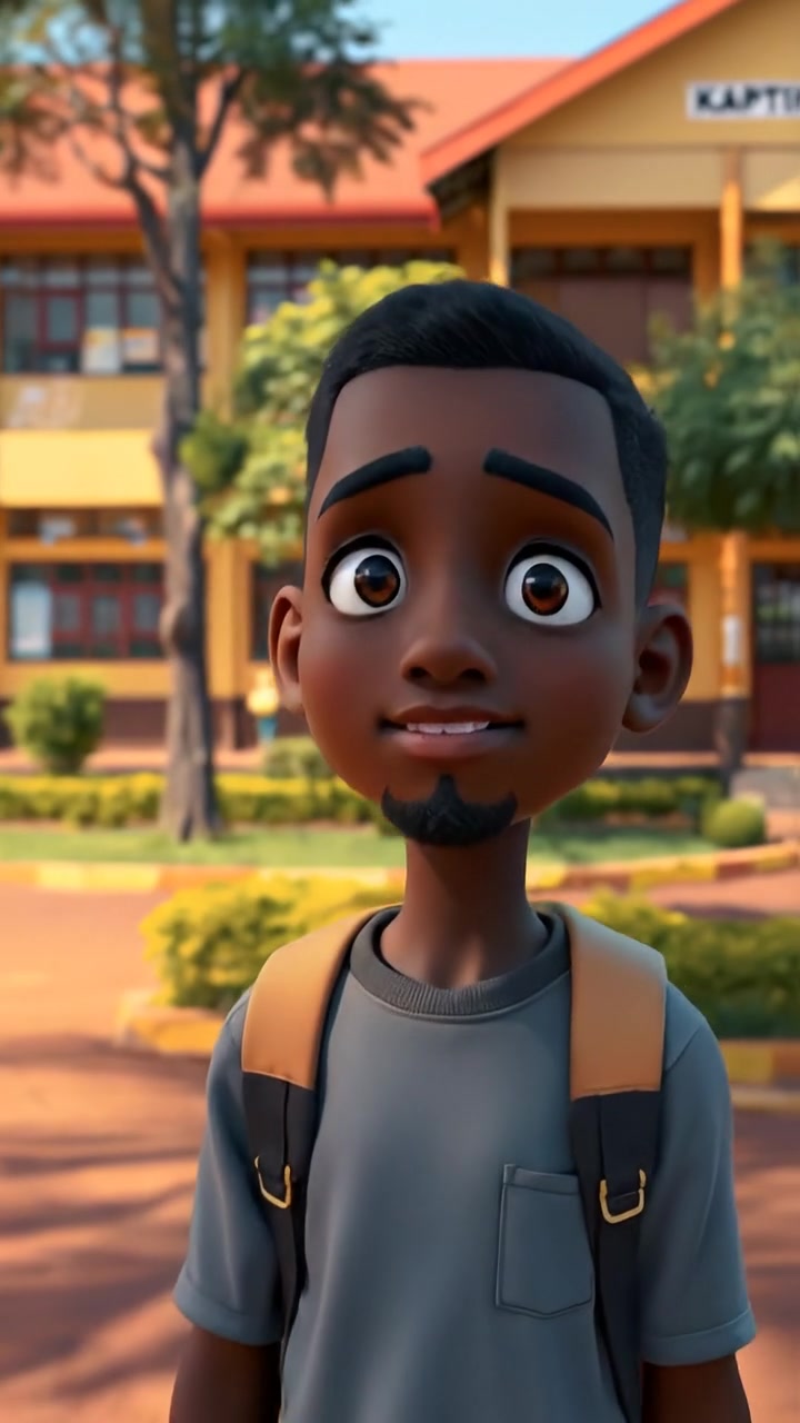 A 3D animation of Isaiah walking towards Kaptik Secondary School, his face showing anticipation, with natural lighting and high detail. The scene features smooth camera movement, capturing a dynamic approach against a lively school backdrop, with warm tones and soft shadows. The audio features light schoolyard sounds.