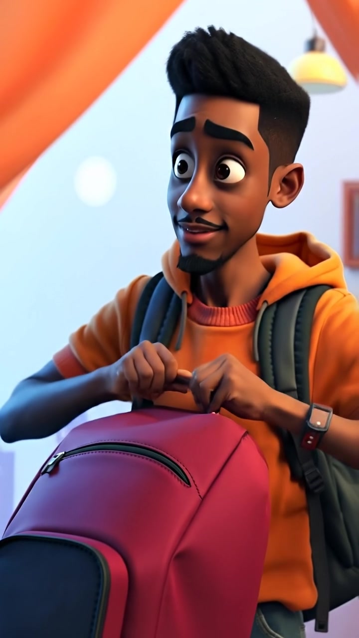 A 3D animated scene of Isaiah carefully packing a backpack, standing in a warmly lit room with soft shadows and detailed textures. The camera employs a smooth dolly shot to capture his focused expression and deliberate movements, evoking anticipation. The background features a cozy, organized space. The audio features ambient city sounds in the background.