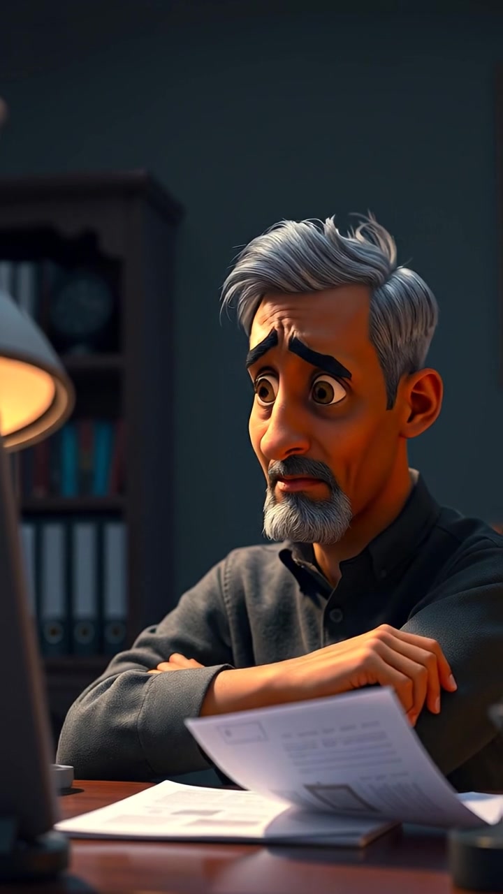 A 3D animated scene of Raj sitting in a dimly lit room, his face showing worry as he glances anxiously at papers on a desk. Natural, soft ambient lighting highlights his expression, with smooth camera movements capturing the tense atmosphere. The background features subtle shadows and textures. The audio features soft ambient sounds, like distant murmurs and rustling papers.
