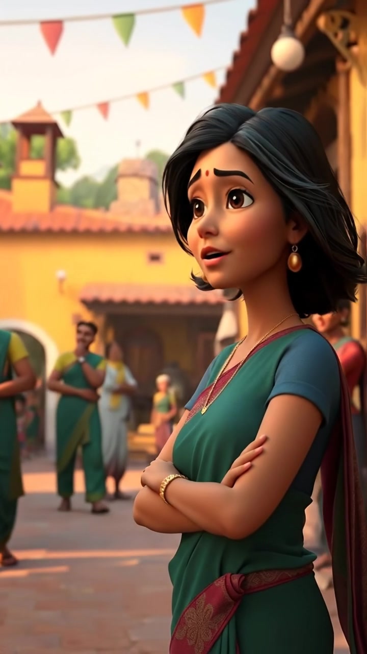 Asha standing at the vibrant village square in a detailed 3D animation style, listening intently to villagers' gossip, illuminated by warm natural lighting with soft shadows, subtle camera movement capturing her attentive expression. The background features rustic houses under a clear sky. The audio features gentle ambient sounds of a bustling village.