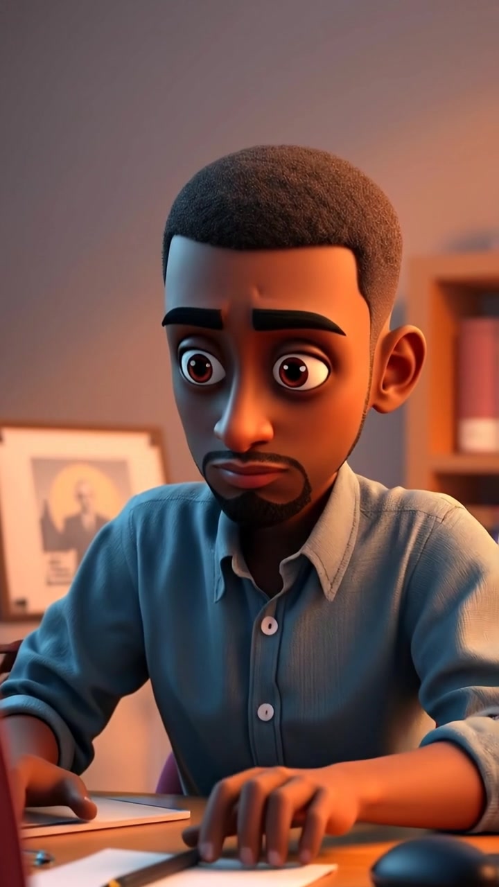 A 3D animated scene of Isaiah sitting at his desk in a modern office, deep in thought with a focused expression, soft ambient lighting, sharp detail, smooth camera zoom-in emphasizing his concentration, with a subtle background of office supplies. The audio features calming instrumental music.