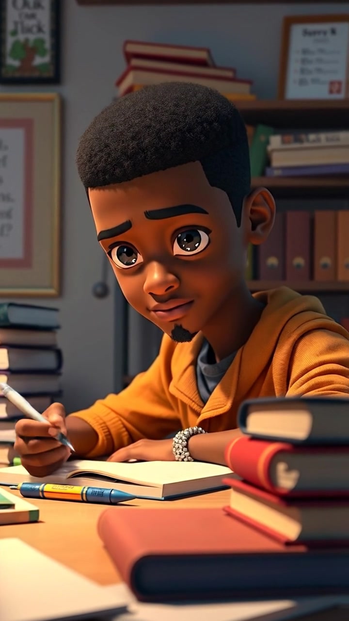 A 3D animation of Isaiah studying diligently at a desk cluttered with books and papers, captured in soft, warm lighting with detailed textures. The scene features smooth camera movement focusing on Isaiah's focused expression, with background ambient sounds of quiet study and pages softly turning.