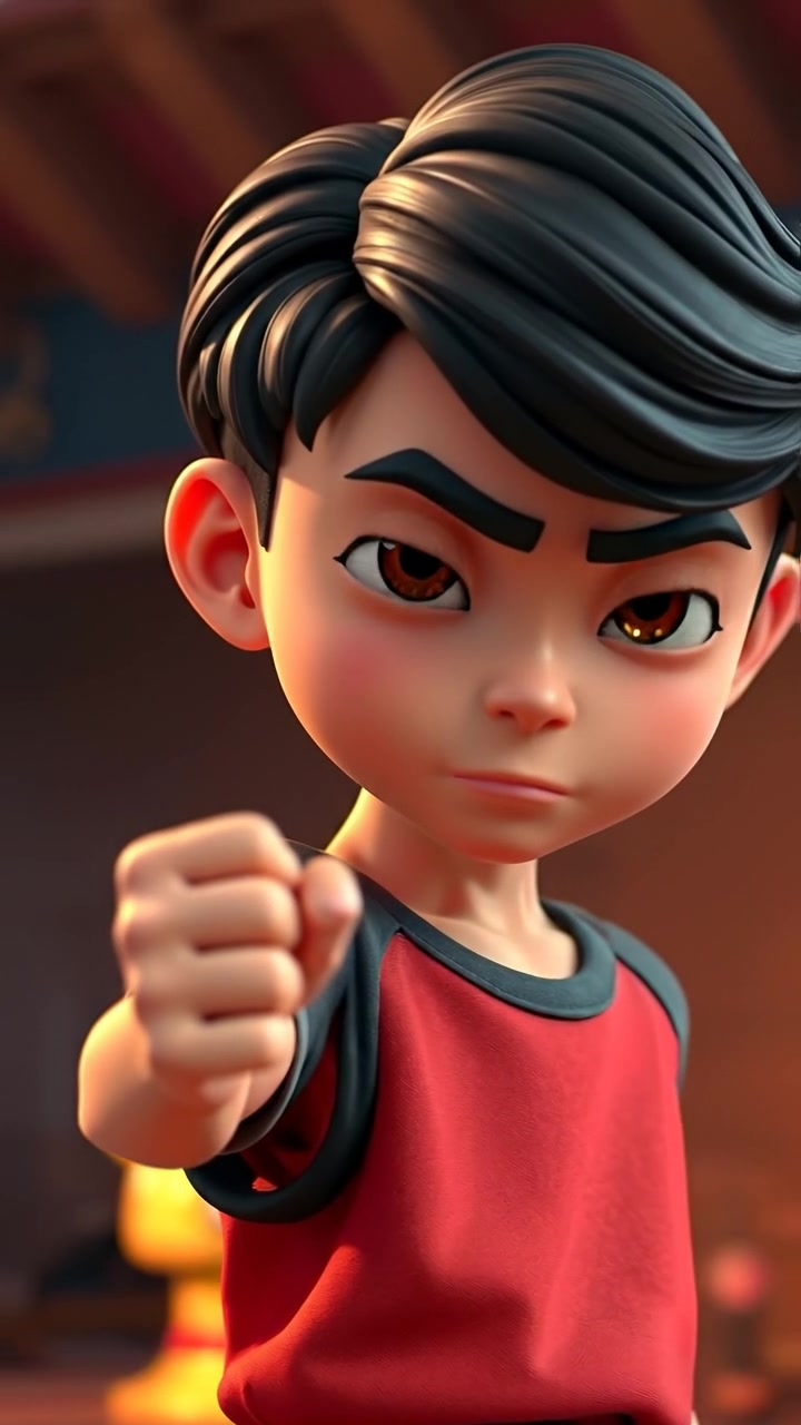A 3D animated scene of Ken with a determined expression, clenching his fist tightly, illuminated by warm, diffuse lighting that highlights detailed facial features and muscular arm tension. Camera adopts a smooth dolly shot emphasizing his resolve, set against a blurred urban background with soft shadows. The audio features subtle ambient city sounds.