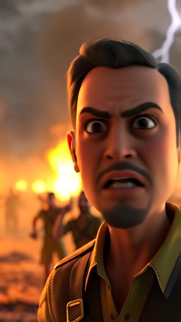 A 3D animation of Carlos shouting passionately, his face intense and animated, amidst a dynamic battlefield scene with dramatic lighting and high detail. The camera slowly zooms in with a cinematic dolly shot, capturing the energy and motion. The background features a stormy sky with swirling clouds. The audio features thunder and wind in the background.