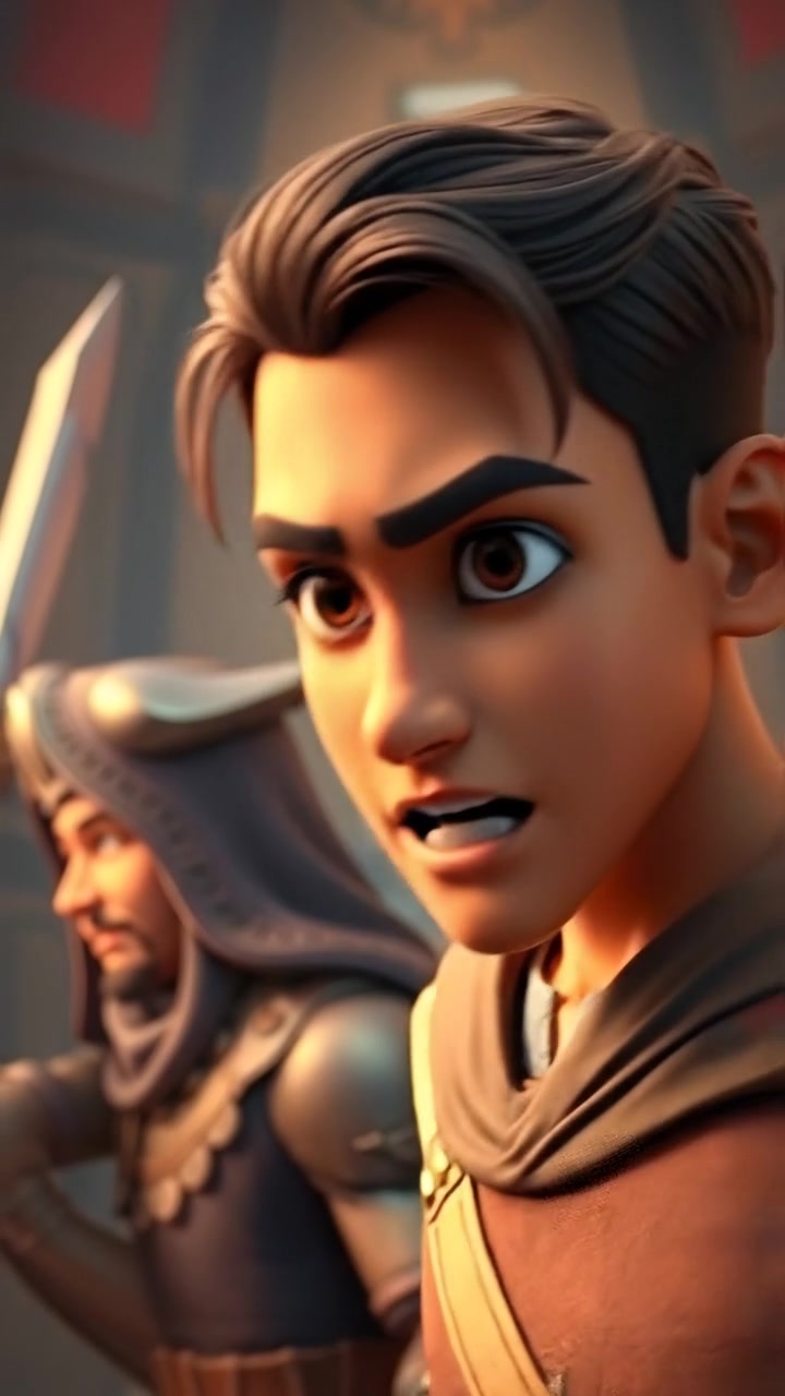 A 3D animated scene of Amir, looking determined and focused, as he prepares for battle. The lighting is dramatic with high contrast, smooth camera movements capturing his intense expression and readiness stance, set against a futuristic battlefield background. The audio features tense orchestral music.
