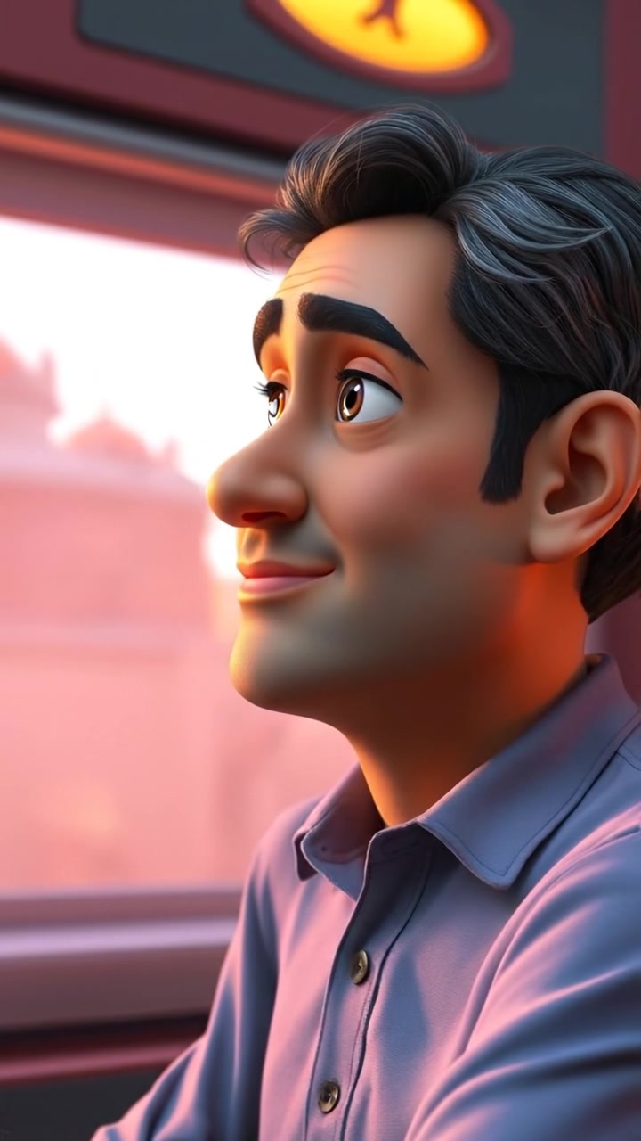 A 3D animation of Omar gazing into the distance with a thoughtful expression, illuminated by soft natural lighting, capturing high detail and smooth camera movement with a subtle background blur. The scene exudes a contemplative mood with warm tones and gentle shadows. The audio features calming ambient sounds.