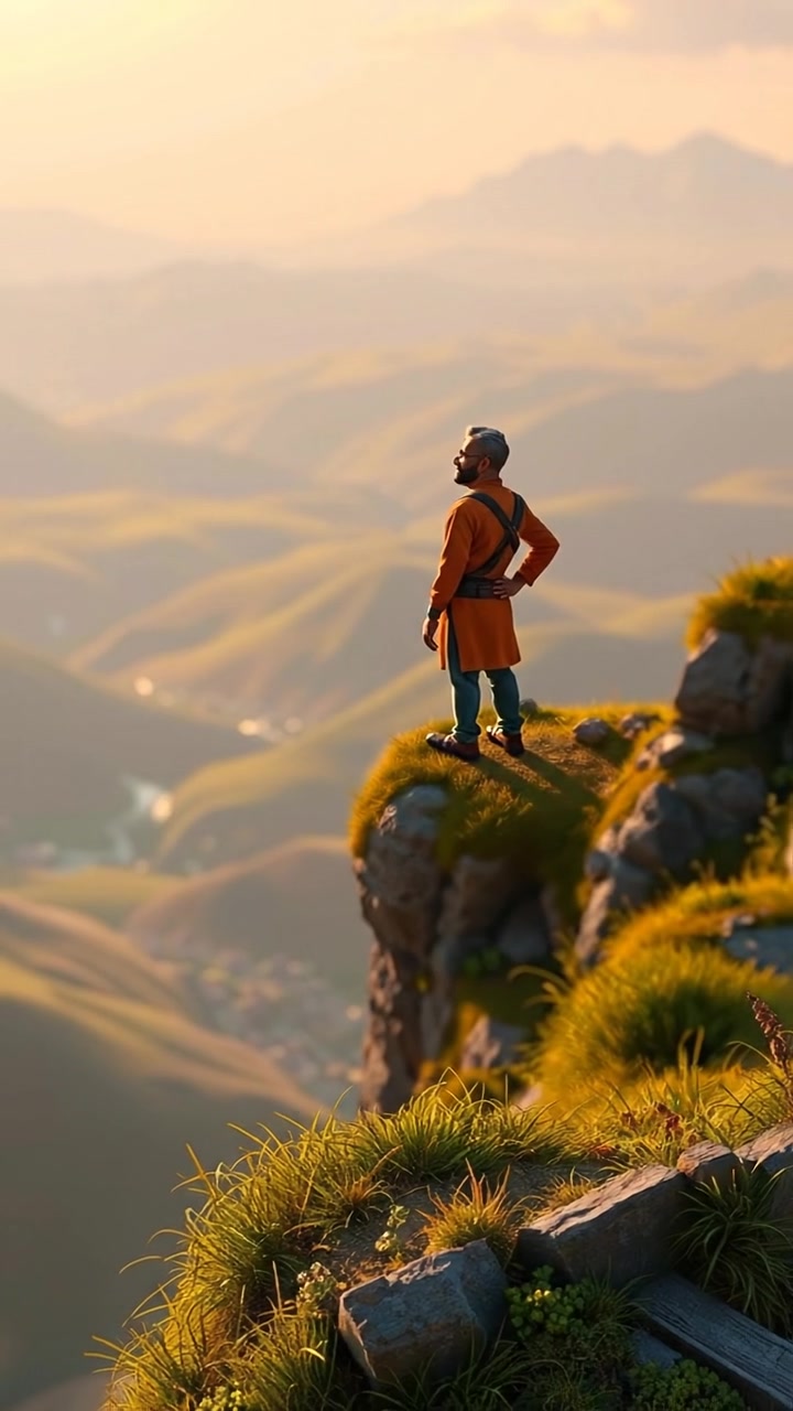 A 3D animated scene of Raj standing alone on a hilltop overlooking a lush valley, with natural lighting and soft shadows enhancing the vibrant landscape. The camera slowly dolly-in to capture his contemplative stance, set against a backdrop of distant mountains and a clear blue sky. The audio features gentle wind sounds in the background.