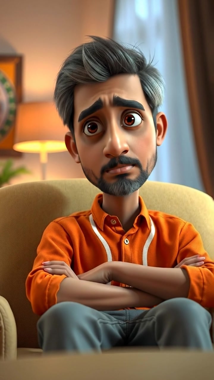A 3D animation of Raj sitting in a cozy, plush armchair, speaking calmly with a concerned expression. The scene is illuminated with soft, natural lighting, capturing detailed facial expressions and subtle body language, with gentle camera movements for an intimate feel. The background features a warm, homey interior. The audio features soft ambient sounds.