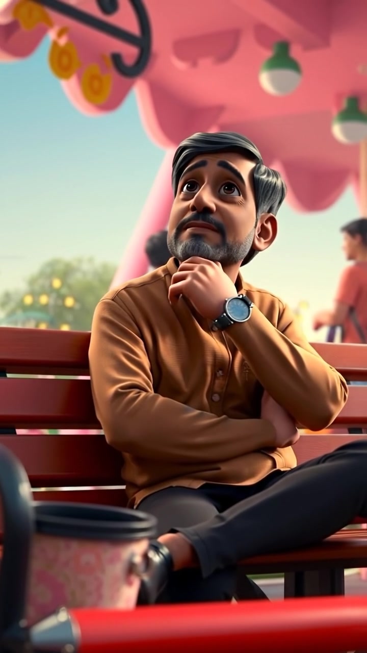 A 3D animated scene of Raj sitting on a park bench, looking thoughtful with his hand on his chin, illuminated by soft natural light, captured with smooth camera motion and high detail. The background features a lush, vibrant park with gentle breezes. The audio features ambient park sounds.