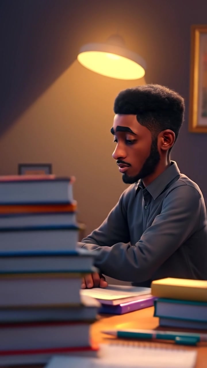 A 3D animation of Isaiah sitting at a cluttered desk late at night, surrounded by scattered books and notes, deeply focused on studying under warm indoor lighting with soft shadows. The camera features a smooth gentle zoom, capturing the quiet, studious atmosphere. The audio features faint ambient city sounds in the background.