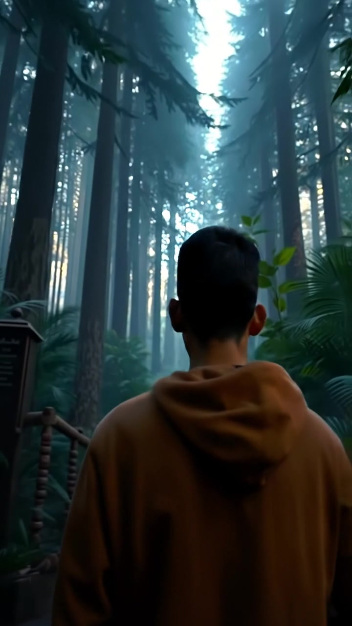 A 3D animation of Isaiah walking deep into a dense forest with towering trees and lush undergrowth, natural lighting filtering through the canopy, high detail with smooth camera movement following closely. The setting exudes a serene and mysterious ambiance. The audio features gentle forest sounds and rustling leaves.