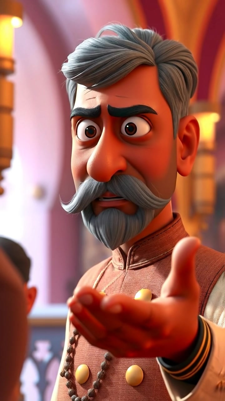 3D animation of The Raj with a serious expression, gesturing emphatically to a group under warm, soft lighting with high detail and smooth camera movements. The scene has a cinematic feel with gentle background focus. The audio features subtle ambient sounds of a professional meeting or discussion.
