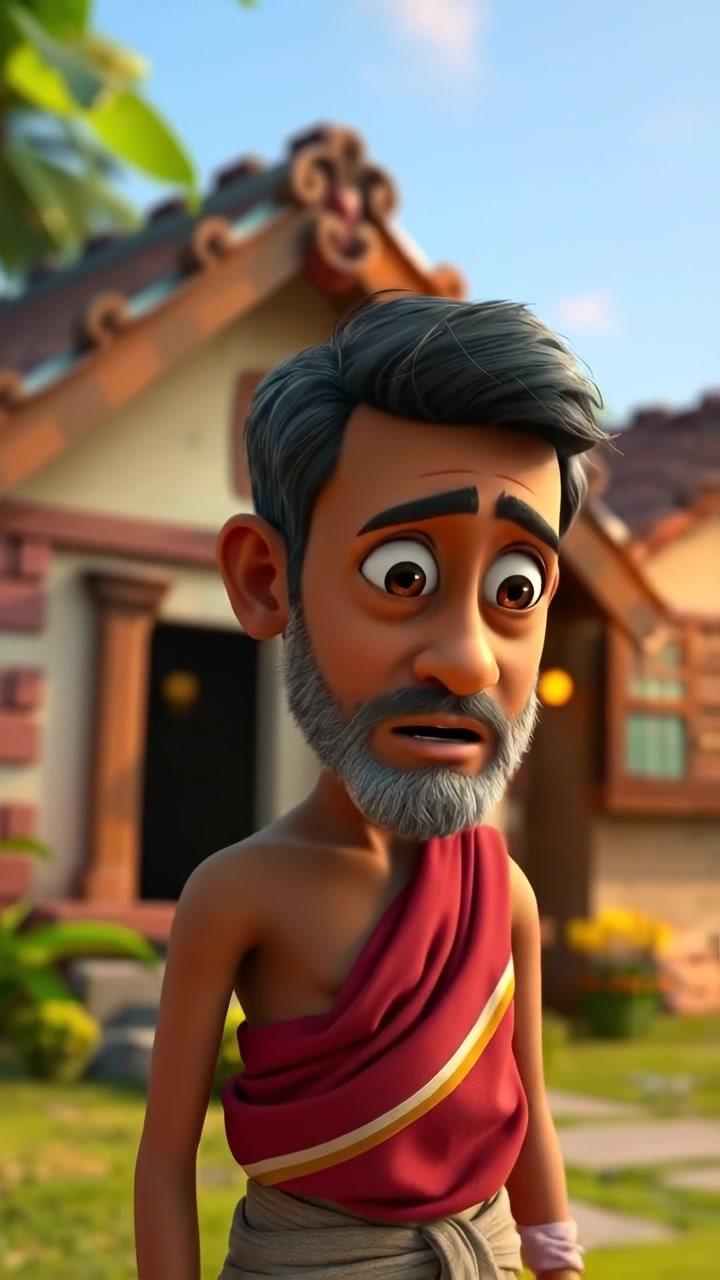 A 3D animation of Raj standing in front of his modest house, looking concerned while surveying the village, with natural lighting and soft shadows creating a realistic atmosphere. The scene features smooth camera movement, emphasizing his expression against a village backdrop with lush greenery. The audio features gentle village sounds.