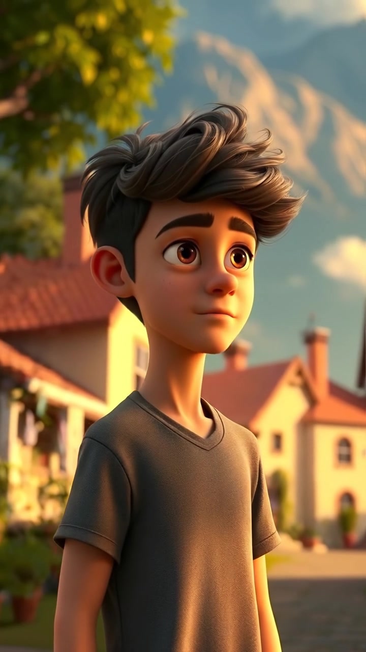 A 3D animated scene of Mateo standing outside his small village, gazing contemplatively with rustic village houses in the background, captured in warm, soft sunlight with gentle camera movement and lush detailed environment. The background audio features subtle countryside sounds.