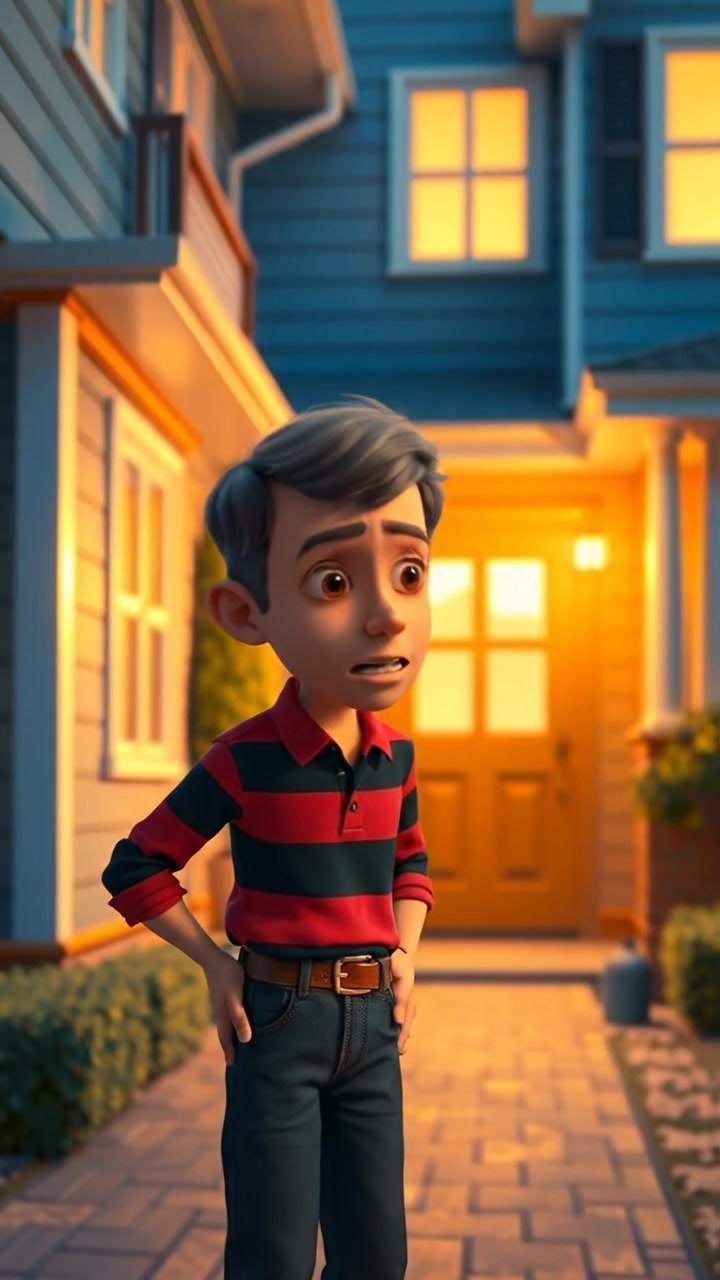 A 3D animated scene of Mark standing outside a house, looking worried and conflicted, captured with smooth camera movements and a natural lighting setup that highlights his facial expressions. The background features a cozy neighborhood under an overcast sky, with soft shadows. The audio features subtle ambient outdoor sounds.