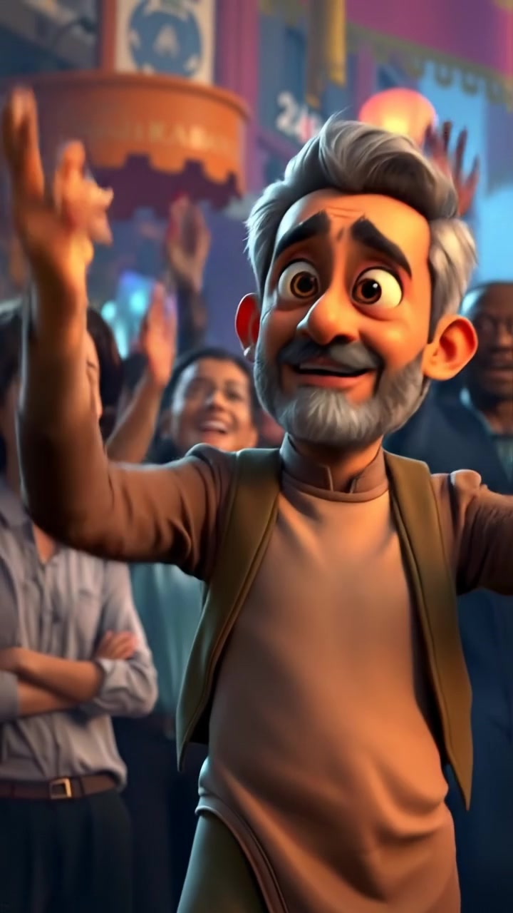 A 3D animation of Raj standing firmly in the center of a lively crowd, gesturing dramatically to capture attention, with dynamic camera movements, vibrant colors, and warm lighting that highlights his expression. The background features a bustling outdoor scene. The audio features ambient crowd murmurs and footsteps.