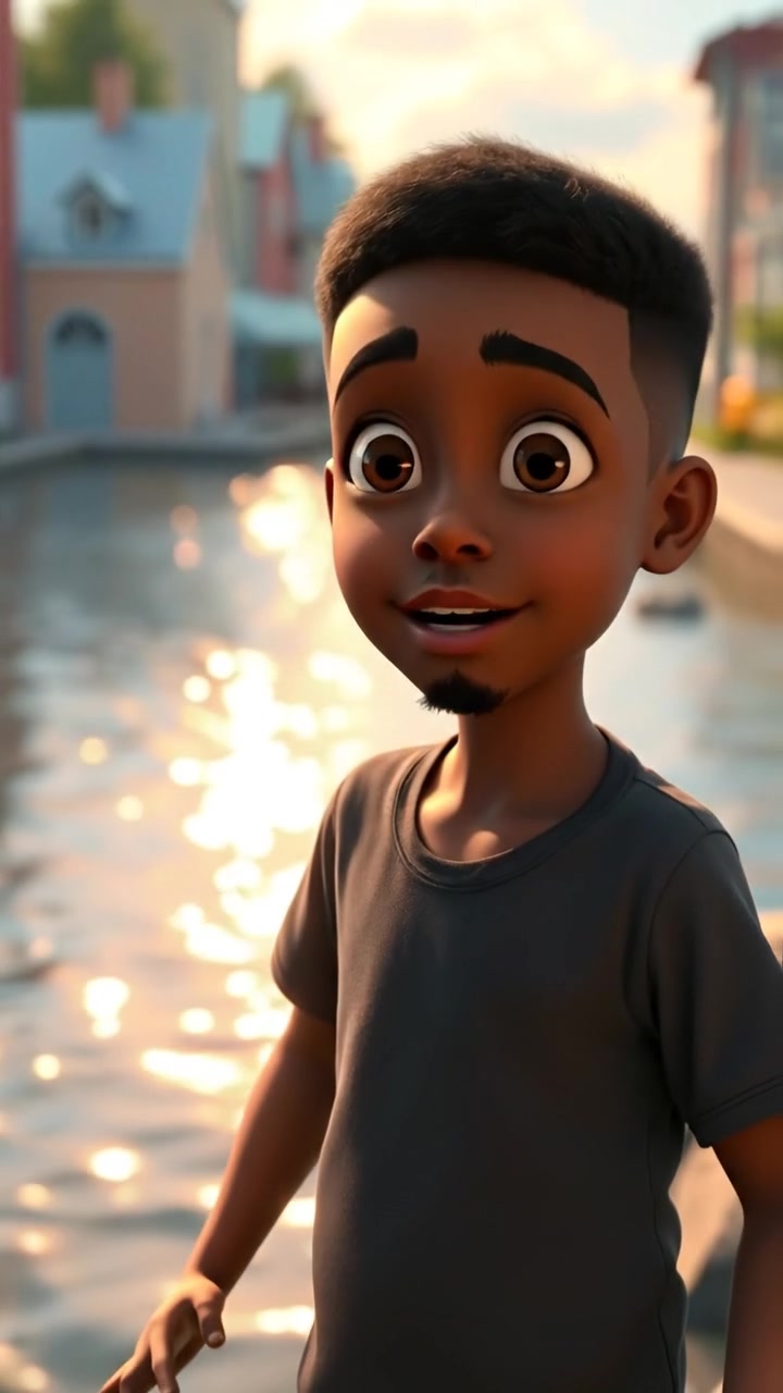 A 3D animation of Isaiah, a young boy with wide eyes, standing by a sparkling riverbank, vibrant and detailed scene with natural soft lighting, gentle camera push-in emphasizing his wonder, lush greenery in the background, serene atmosphere. The audio features flowing river sounds in the background.