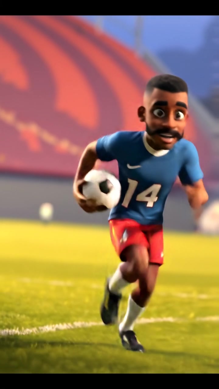 A 3D animated scene of Isaiah, exuding determination, sprinting down the field with the ball under natural lighting. The camera captures a smooth, dynamic chase through a vibrant stadium, with warm tones and soft shadows. The background audio features cheering crowds and energetic stadium sounds.