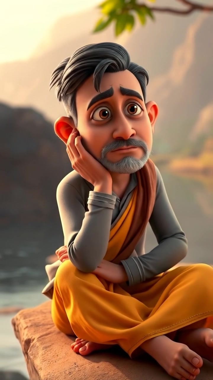 A 3D animated scene of the Raj sitting on a serene riverbank, his head in his hands with a somber expression, detailed natural lighting highlighting his features, smooth camera zoom-in emphasizing his sadness, with a tranquil river flowing in the background under a soft overcast sky. The audio features gentle river sounds.