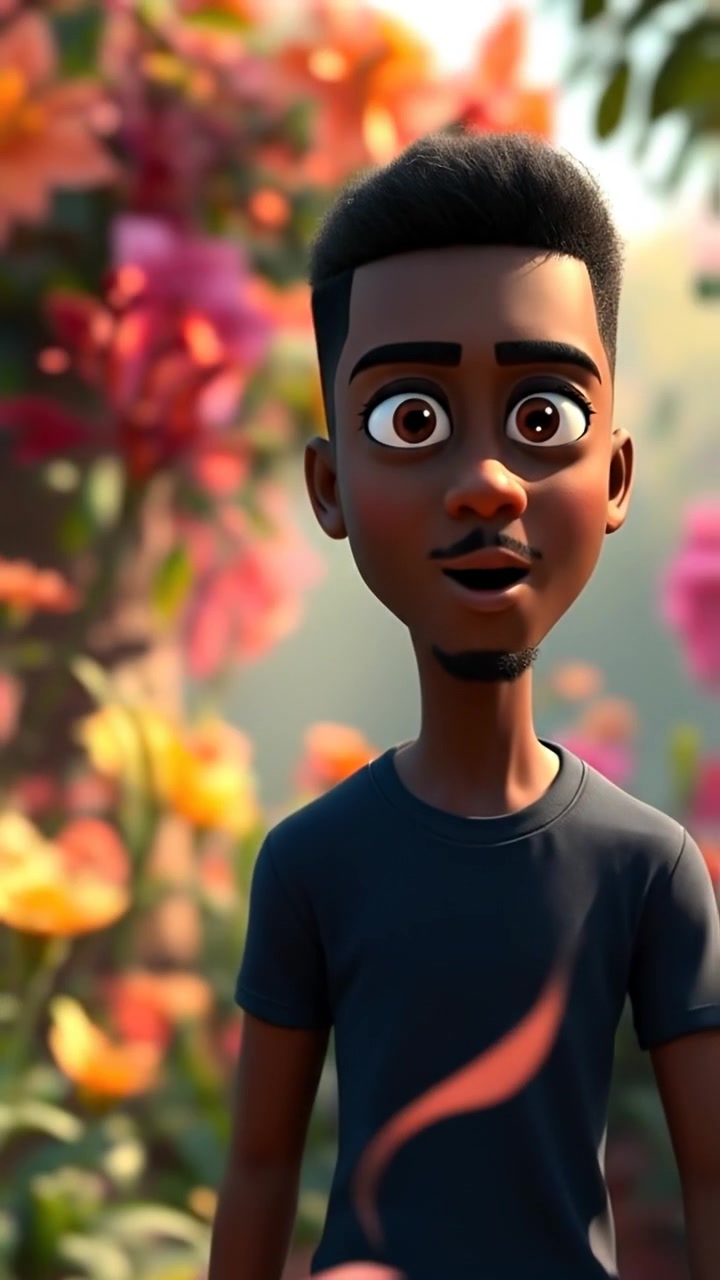 A 3D animation of Isaiah standing in a lush garden, displaying a surprised expression as vibrant flowers bloom around him, under soft natural lighting with high detail. Smooth camera, gradual zoom for emphasis, set against a colorful, lively background. The audio features gentle garden sounds.