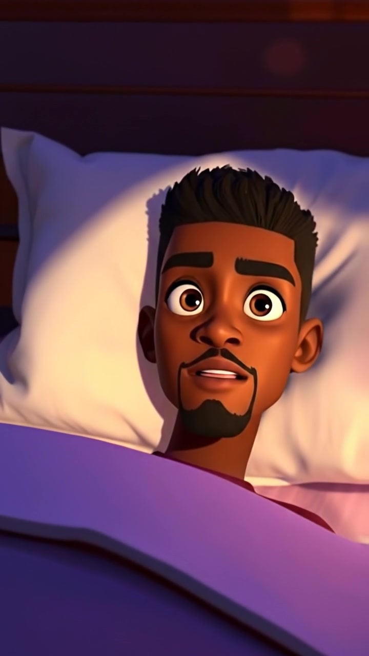 A 3D animated scene of Isaiah lying in bed with a determined expression, poised to wake up early. The room is softly lit with warm tones, featuring smooth camera movement that captures his resolute face and peaceful surroundings. The background audio features gentle morning birdsong.