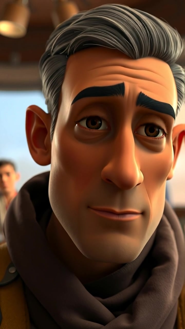 A close-up of Omar's determined face with a thoughtful expression in 3D animation style. Natural lighting highlights his features, with smooth camera focus emphasizing intensity. Background is softly blurred, conveying a serious mood. The audio features subtle ambient sounds.