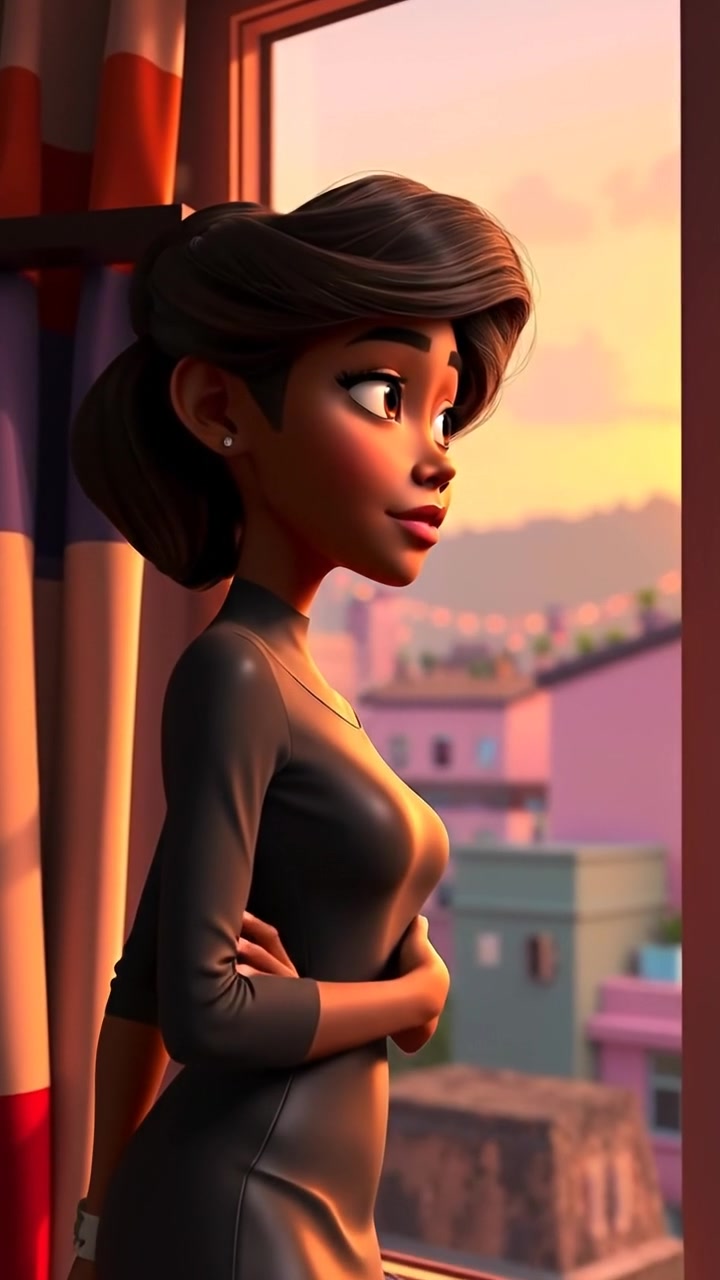 A 3D animated scene of Monique standing by a window, gazing thoughtfully at the outside world, with soft natural lighting and high detail. The camera slowly dollies in for an intimate shot, capturing her contemplative mood amidst a cozy, softly lit interior. The background features gentle ambient sounds of city life.