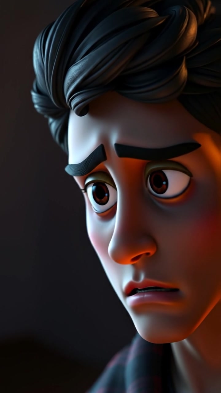 A close-up of Arjun's anxious face in a 3D animation style, shadowed by dim, moody lighting with subtle high detail, capturing his fear and tension. The camera slowly zooms in with smooth movement. The background features a dark, blurred environment, enhancing the atmosphere. The audio features soft ambient music, conveying suspense.