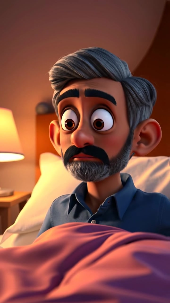 A 3D animated scene of Raj sitting up abruptly in bed with wide, surprised eyes, as soft morning light illuminates his surprised expression. The camera captures a close-up shot with gentle zoom, highlighting his startled face. Background audio features a subtle, curious ambient hum.