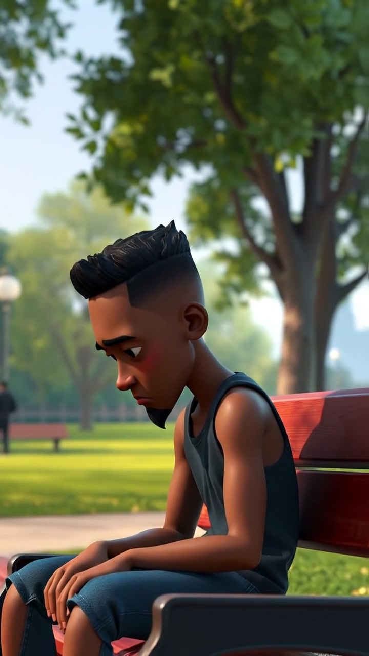 A 3D animated scene featuring Isaiah sitting alone on a park bench, gazing away with a pained expression, illuminated by soft ambient natural light, with lush trees and distant cityscape in the background. The camera slowly dolly moves to emphasize solitude and introspection. The audio features gentle wind sounds and distant bird calls.