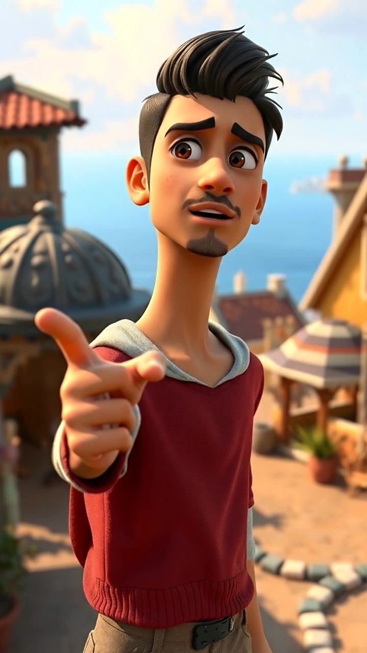 A 3D animated scene showcasing Amir with a determined expression, gesturing towards the expansive sea beyond the rustic village, bathed in warm, natural lighting with smooth camera movement capturing the moment, complemented by soft ambient sounds of the ocean waves in the background.