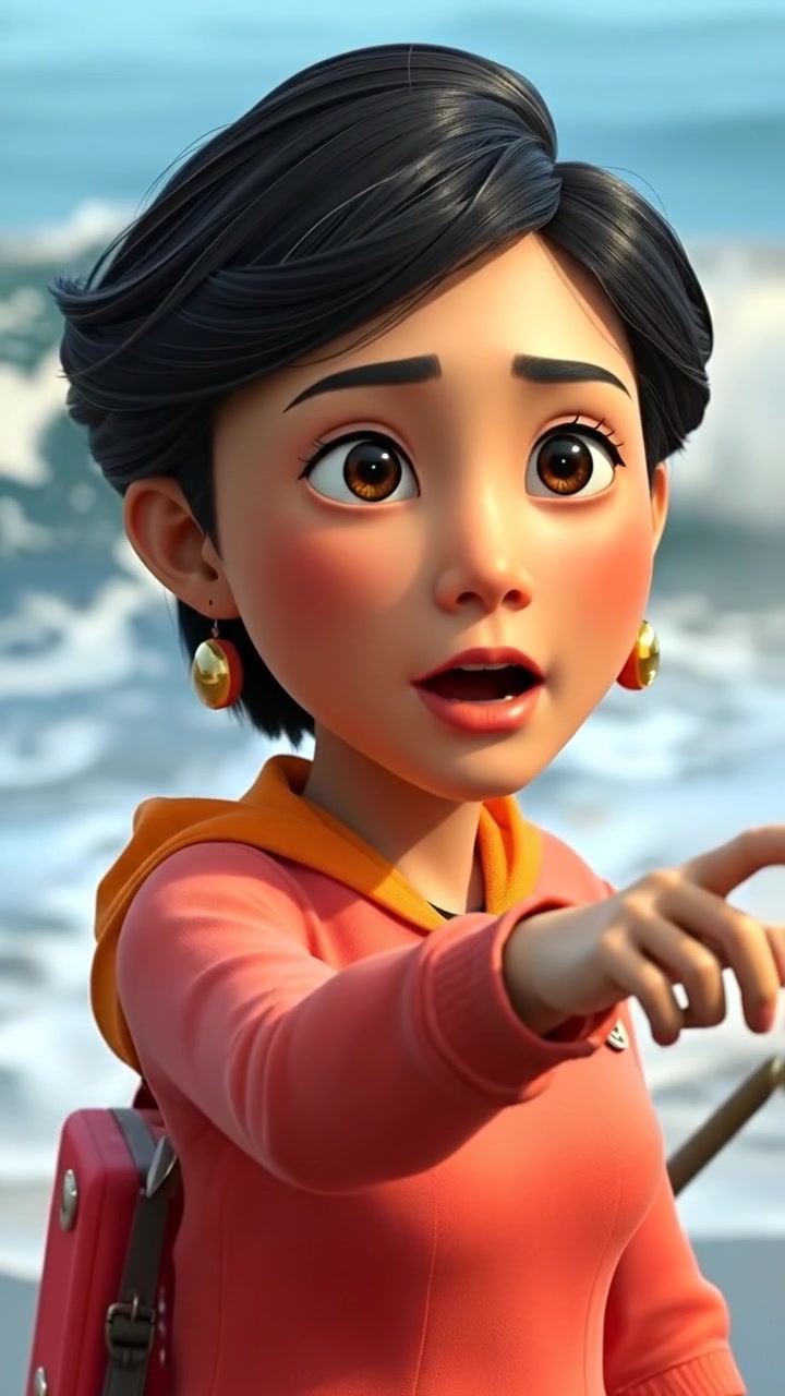 A 3D animation of Li looking concerned and pointing toward the sea with crashing waves against the shore, captured in a smooth camera dolly shot under natural lighting, with high detail and soft shadows. The scene evokes a tense, contemplative atmosphere. The audio features ocean waves in the background.