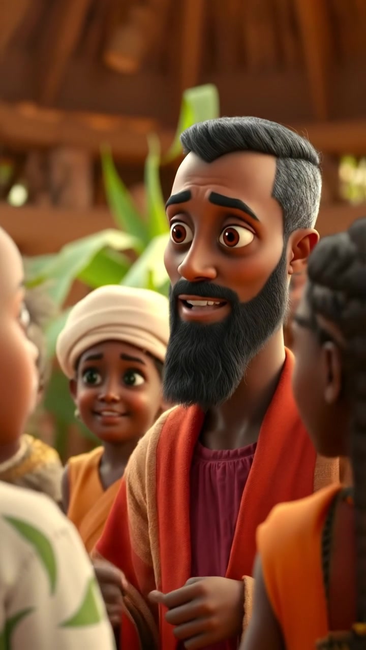 A 3D animation style scene featuring Kwame speaking to a small villagers' gathering in a simple outdoor setting, emphasizing the importance of communication. The scene is lit with natural, warm tones, smooth camera zooms in on Kwame, with soft ambient sounds of nature and murmuring crowd in the background.